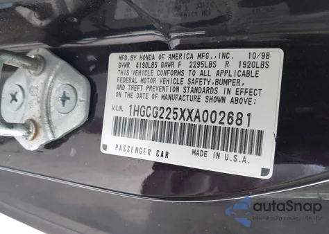 1999 Honda Accord Ex V6 z USA, uszkodzony, nr VIN 1HGCG225XXA002681